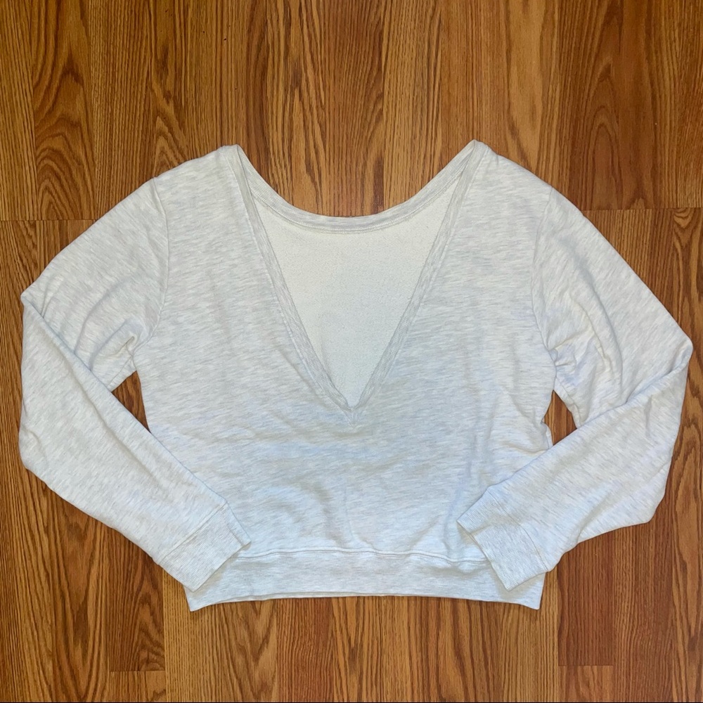 Joah Brown Get It Pullover Reversible Deep V Neck Pearl Grey French Terry sz S/M